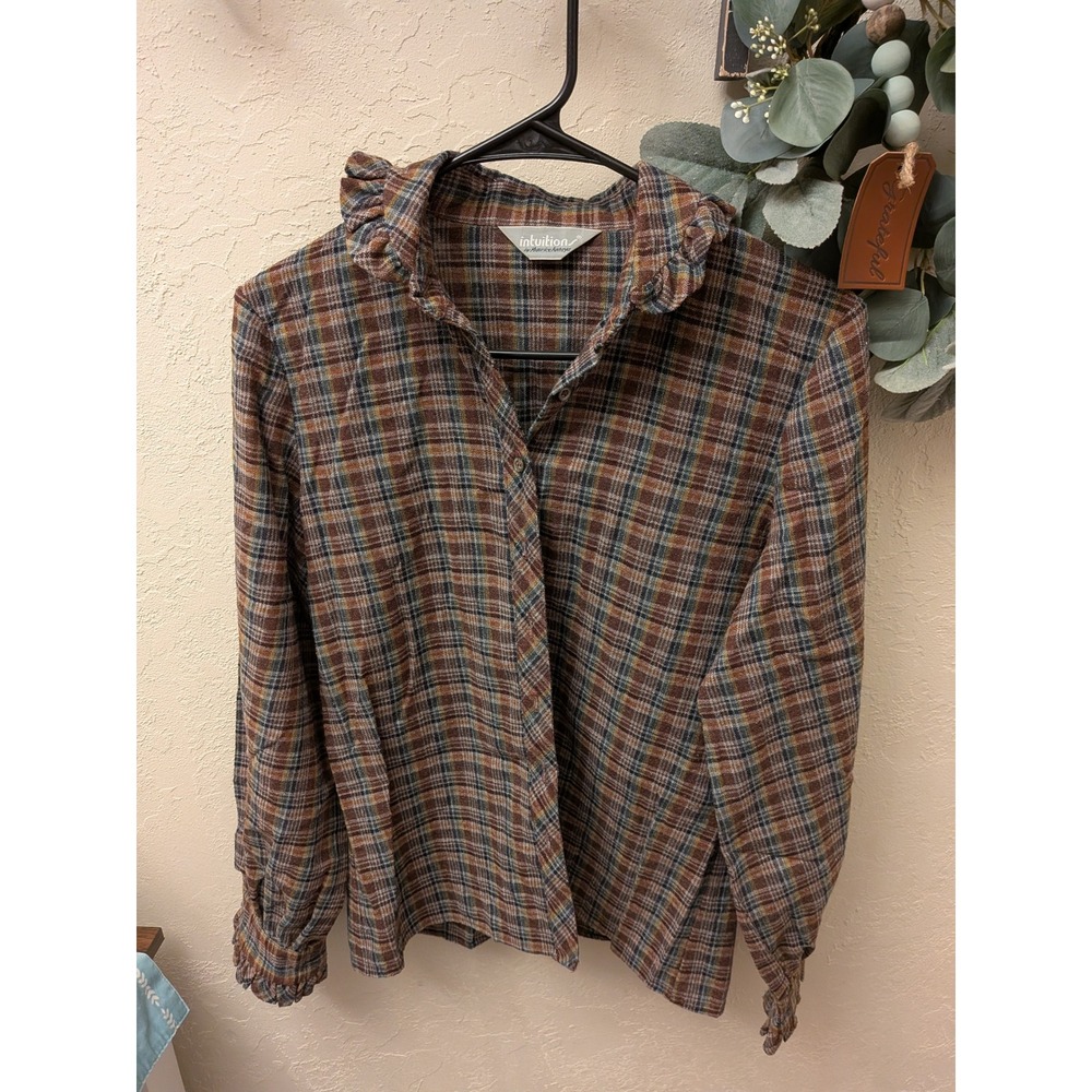 Intuition by Mandee Plaid Ruffle Collar Button Down Blouse Brown vintage